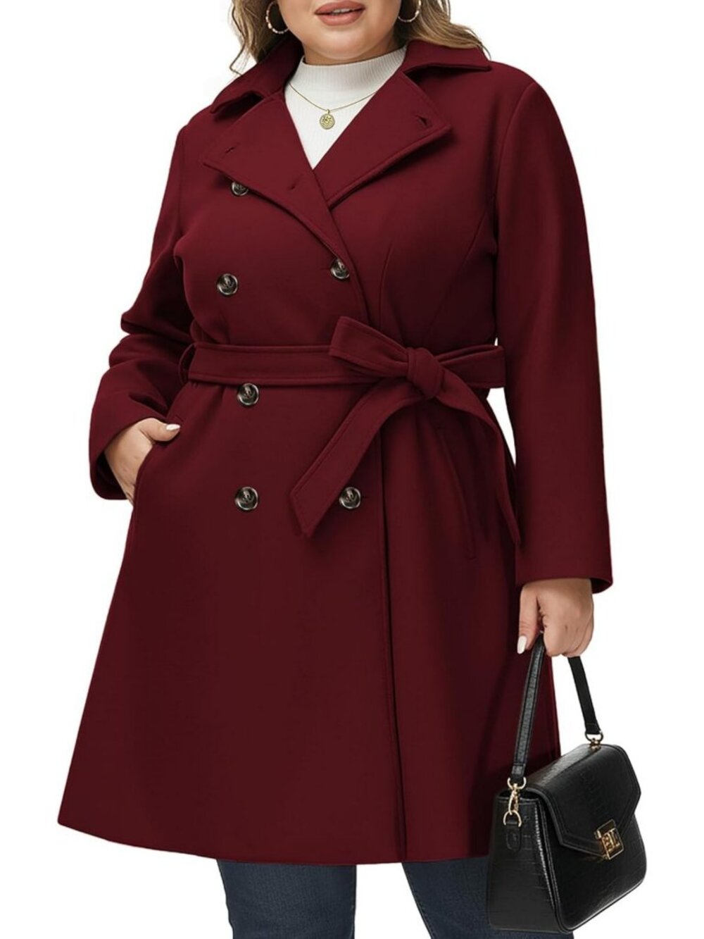 Plus Size Double Breasted Winter Coat with Belted Waist - Stylish & Warm